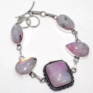 Rainbow Moonstone Silver Link Square Teardrop Adjustable Bracelet